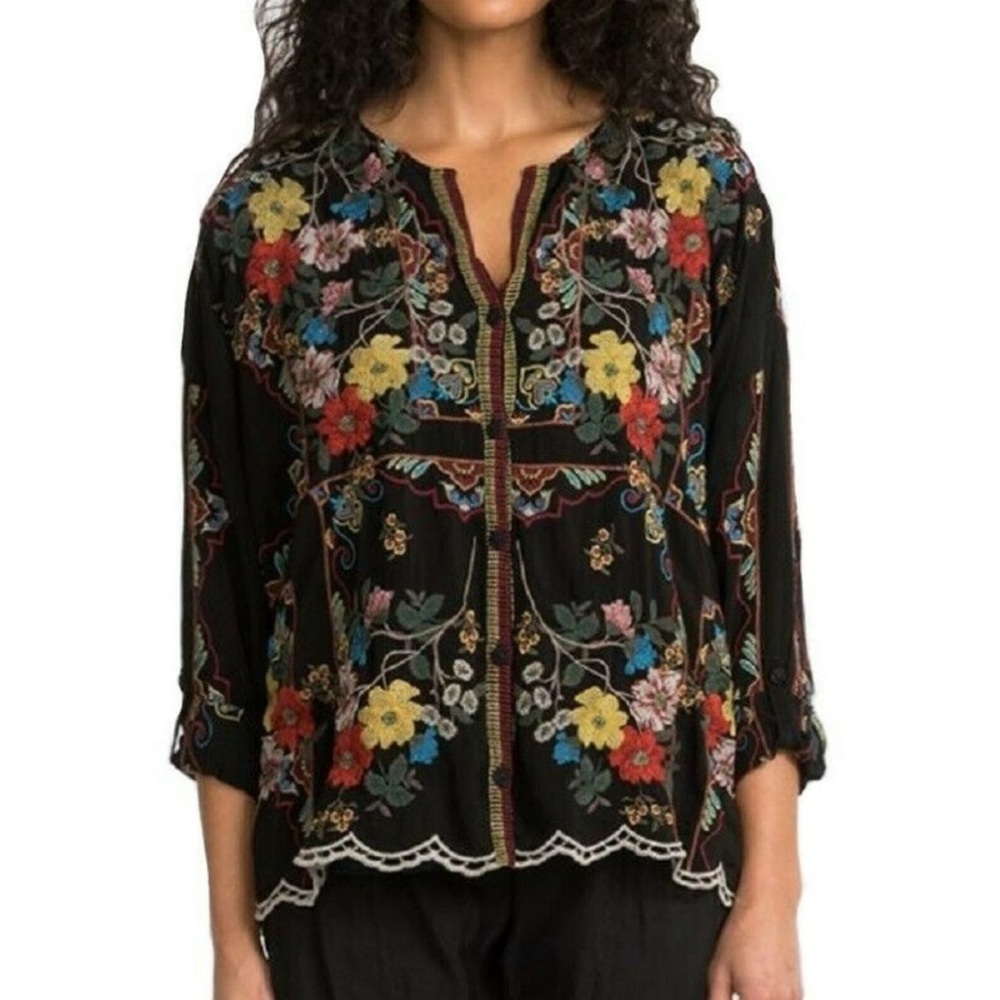 Johnny Was Black Embroidered Floral Button-Front Blouse